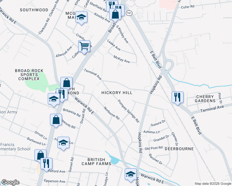 map of restaurants, bars, coffee shops, grocery stores, and more near 2515 Pompey Springs Rd in Richmond