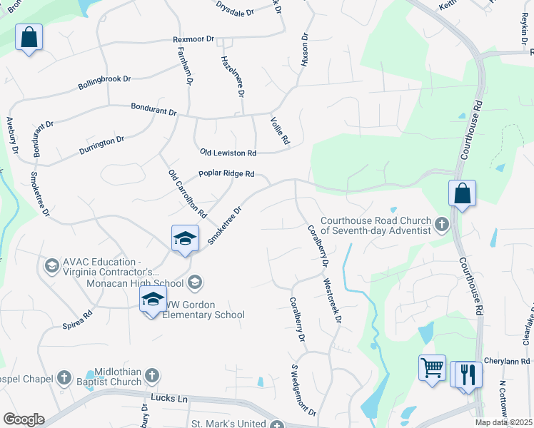 map of restaurants, bars, coffee shops, grocery stores, and more near 11341 Lady Slipper Lane in Richmond