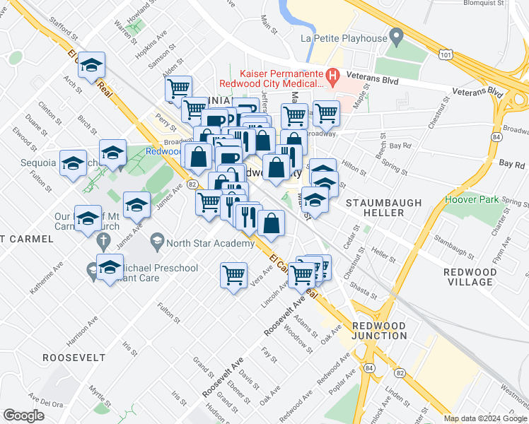 map of restaurants, bars, coffee shops, grocery stores, and more near 1033 Jefferson Avenue in Redwood City