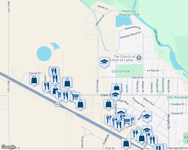 map of restaurants, bars, coffee shops, grocery stores, and more near 821 Maroon Drive in Alamosa