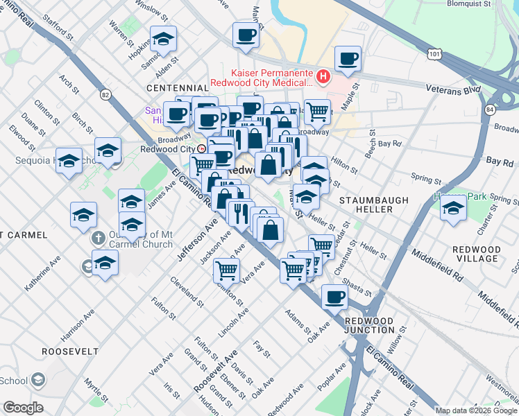 map of restaurants, bars, coffee shops, grocery stores, and more near 299 Franklin Street in Redwood City