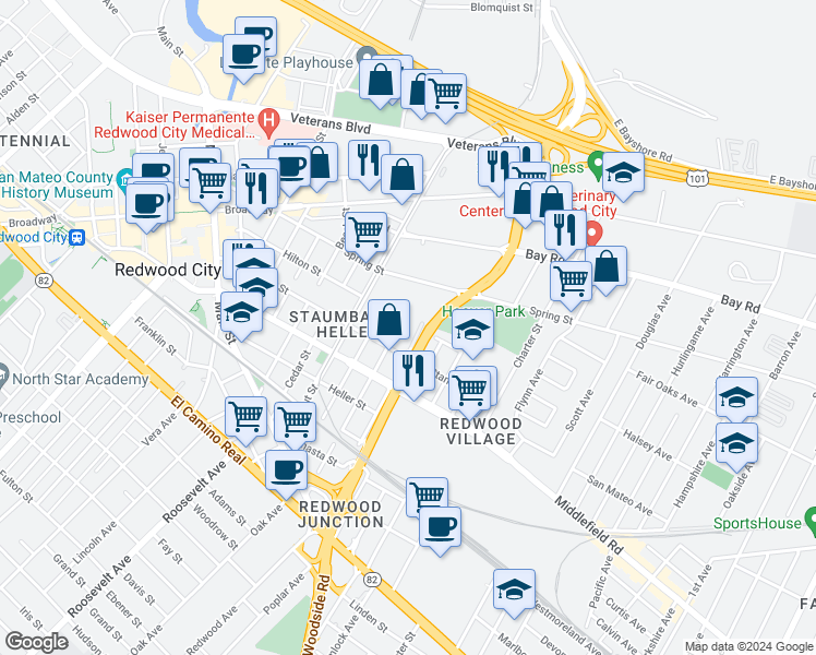 map of restaurants, bars, coffee shops, grocery stores, and more near 654 Buckeye Street in Redwood City