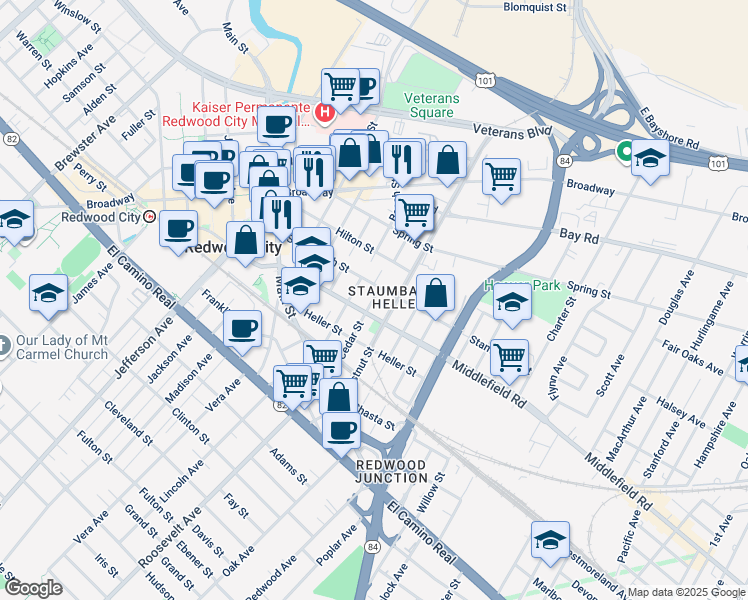 map of restaurants, bars, coffee shops, grocery stores, and more near 603 Stambaugh Street in Redwood City