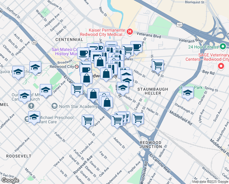 map of restaurants, bars, coffee shops, grocery stores, and more near 1003 Main Street in Redwood City