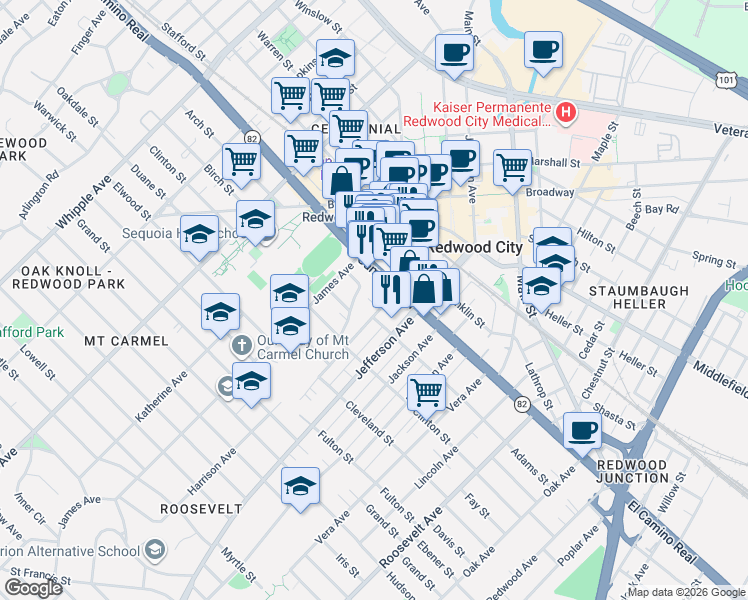 map of restaurants, bars, coffee shops, grocery stores, and more near 1060 El Camino Real in Redwood City