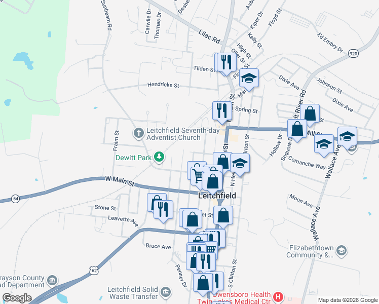 map of restaurants, bars, coffee shops, grocery stores, and more near 299 West Chestnut Street in Leitchfield