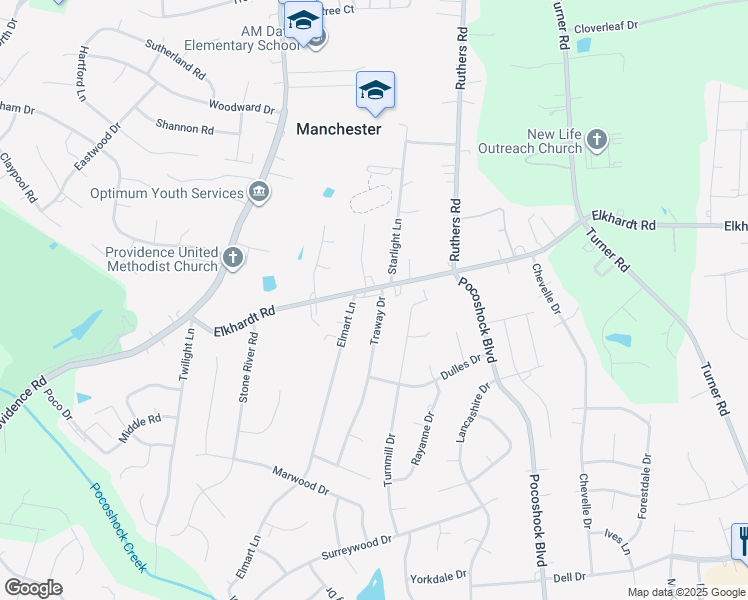 map of restaurants, bars, coffee shops, grocery stores, and more near 7901 Elkhardt Road in Richmond