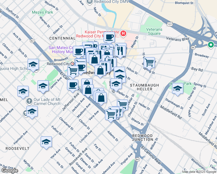 map of restaurants, bars, coffee shops, grocery stores, and more near in Redwood City