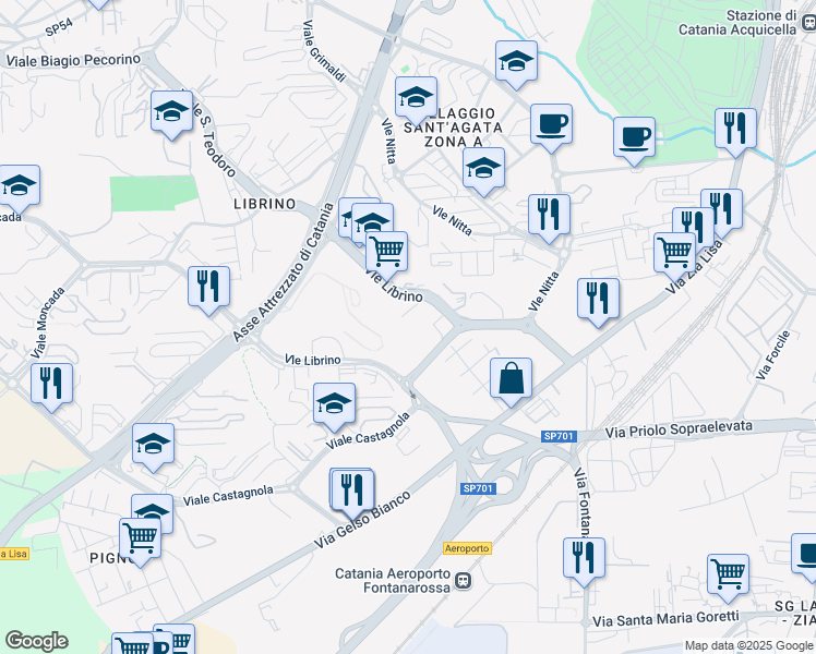 map of restaurants, bars, coffee shops, grocery stores, and more near 8 Viale Librino in Catania
