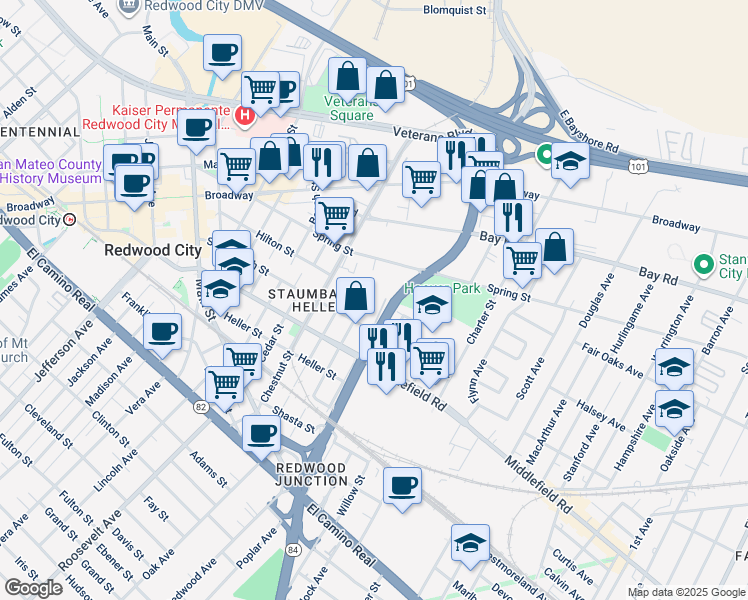 map of restaurants, bars, coffee shops, grocery stores, and more near 644 Buckeye Street in Redwood City