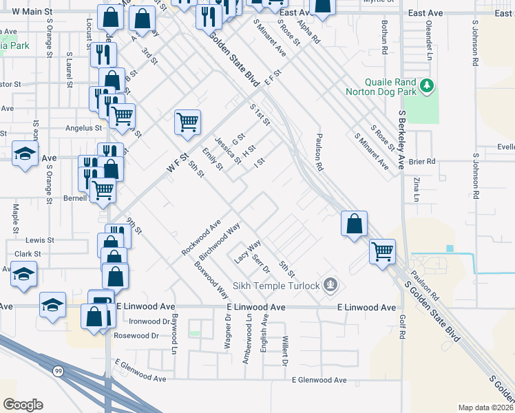 map of restaurants, bars, coffee shops, grocery stores, and more near 441 Pinewood Street in Turlock