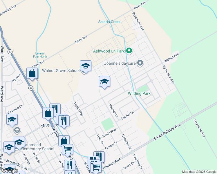 map of restaurants, bars, coffee shops, grocery stores, and more near 513 Walnut Avenue in Patterson