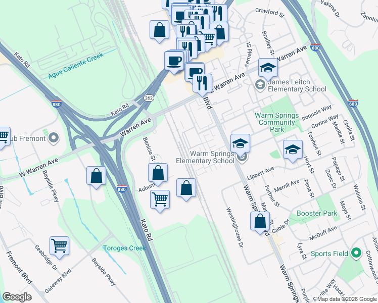 map of restaurants, bars, coffee shops, grocery stores, and more near 47207 Mission Falls Court in Fremont