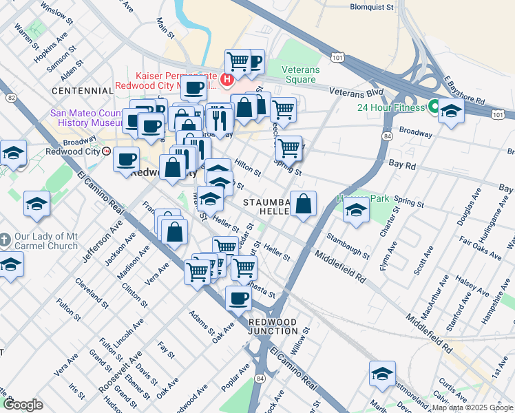 map of restaurants, bars, coffee shops, grocery stores, and more near 527 Beech Street in Redwood City