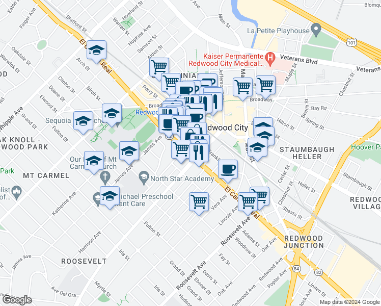 map of restaurants, bars, coffee shops, grocery stores, and more near 1101 El Camino Real in Redwood City