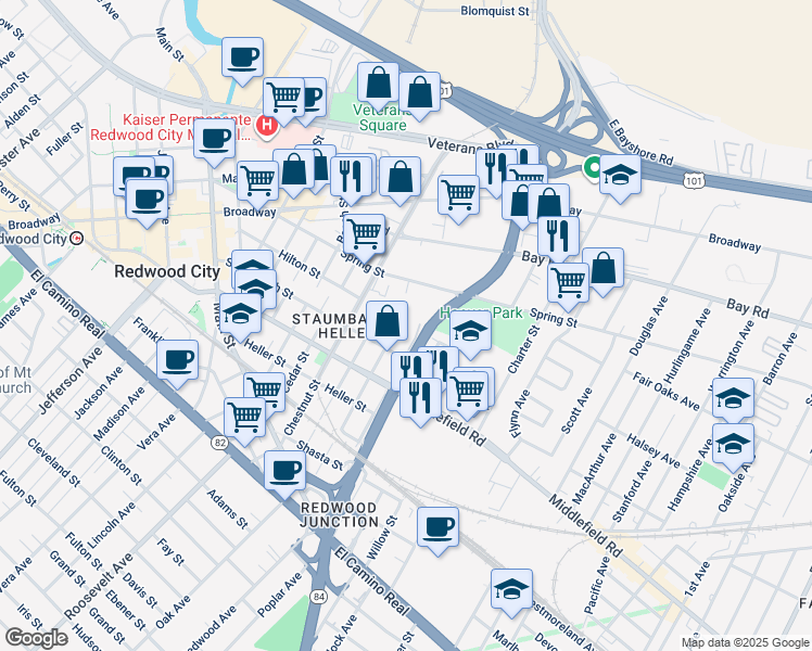 map of restaurants, bars, coffee shops, grocery stores, and more near 644 Buckeye Street in Redwood City