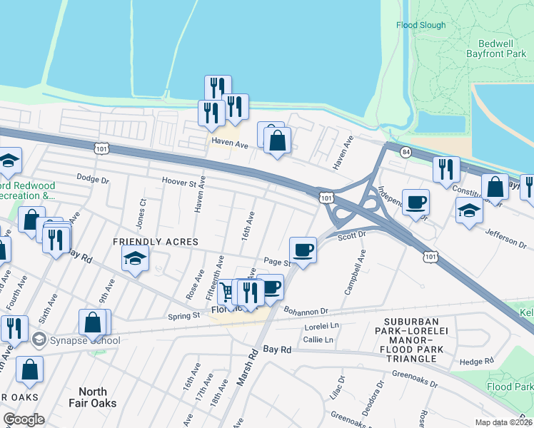 map of restaurants, bars, coffee shops, grocery stores, and more near 1155 17th Avenue in Redwood City