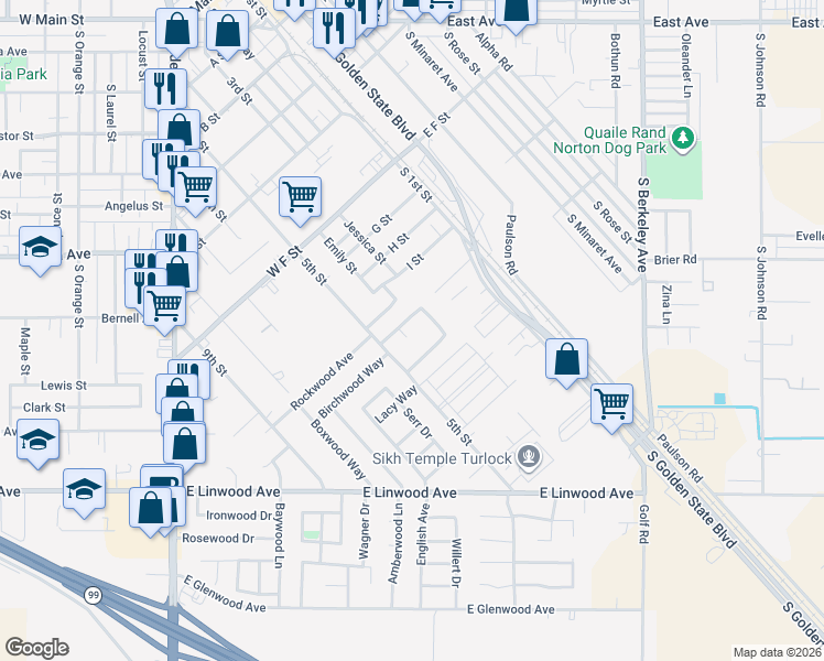 map of restaurants, bars, coffee shops, grocery stores, and more near 441 Pinewood Street in Turlock