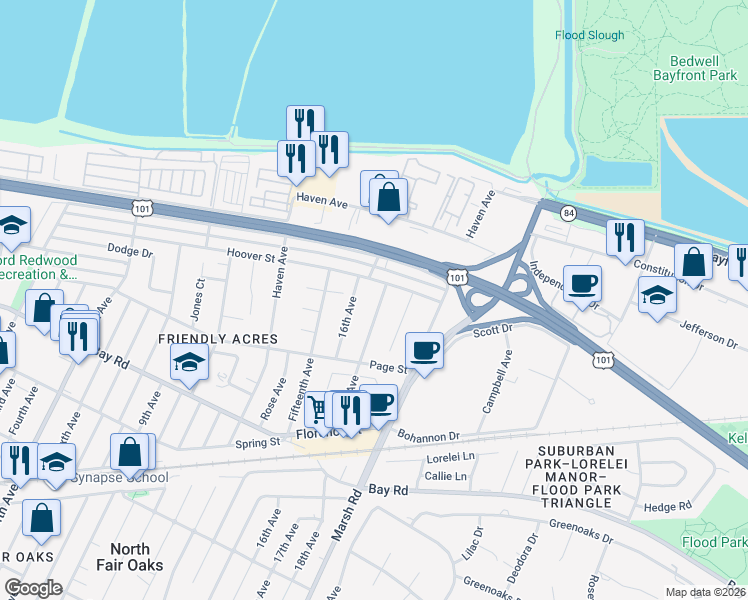 map of restaurants, bars, coffee shops, grocery stores, and more near 1155 17th Avenue in Redwood City