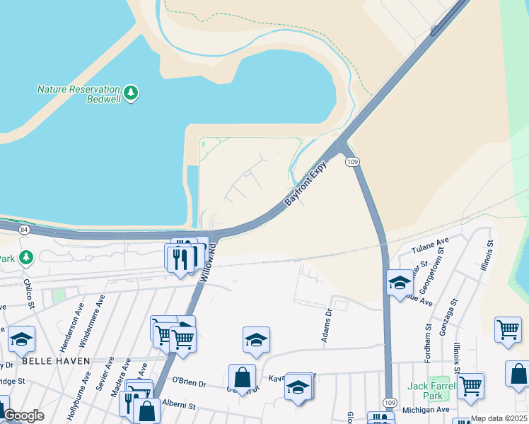 map of restaurants, bars, coffee shops, grocery stores, and more near Hacker Way in Menlo Park