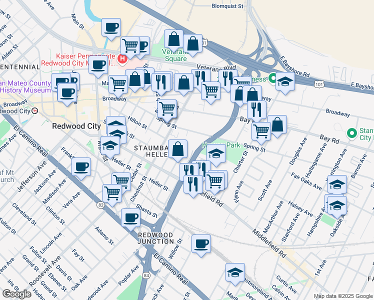 map of restaurants, bars, coffee shops, grocery stores, and more near 654 Buckeye Street in Redwood City