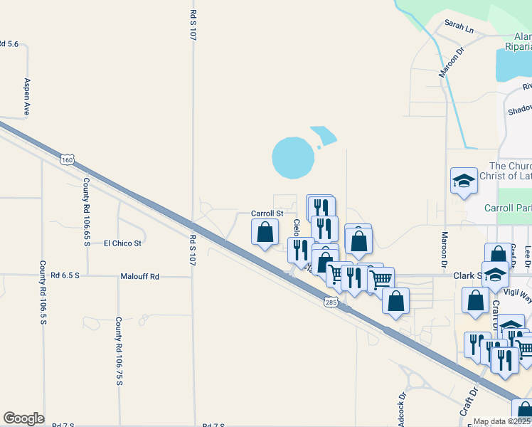 map of restaurants, bars, coffee shops, grocery stores, and more near Carroll in Alamosa