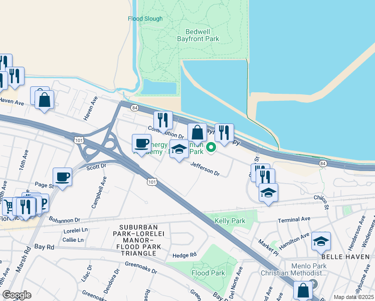 map of restaurants, bars, coffee shops, grocery stores, and more near 201-205 Constitution Dr in Menlo Park