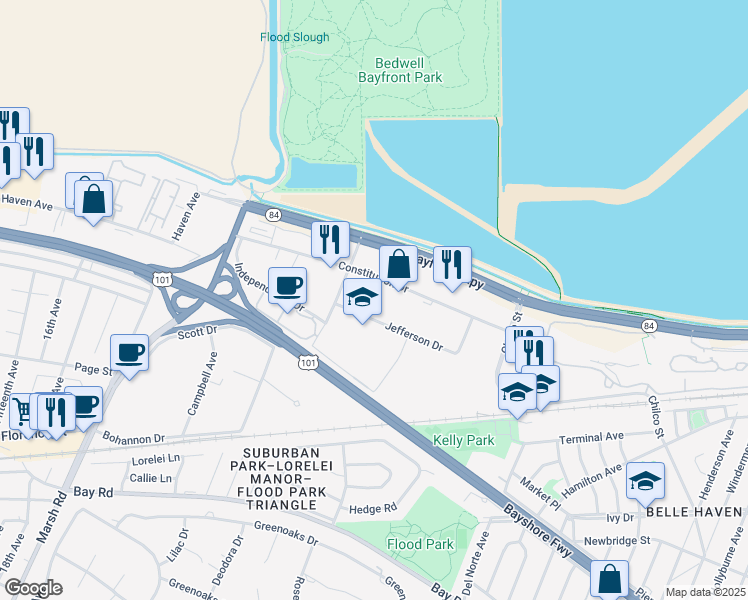 map of restaurants, bars, coffee shops, grocery stores, and more near 201-205 Constitution Dr in Menlo Park