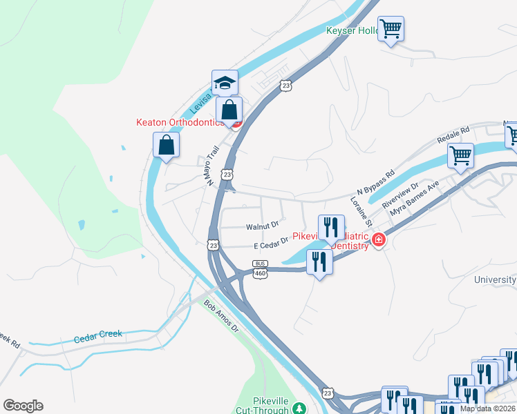 map of restaurants, bars, coffee shops, grocery stores, and more near 106 Chestnut Drive in Pikeville