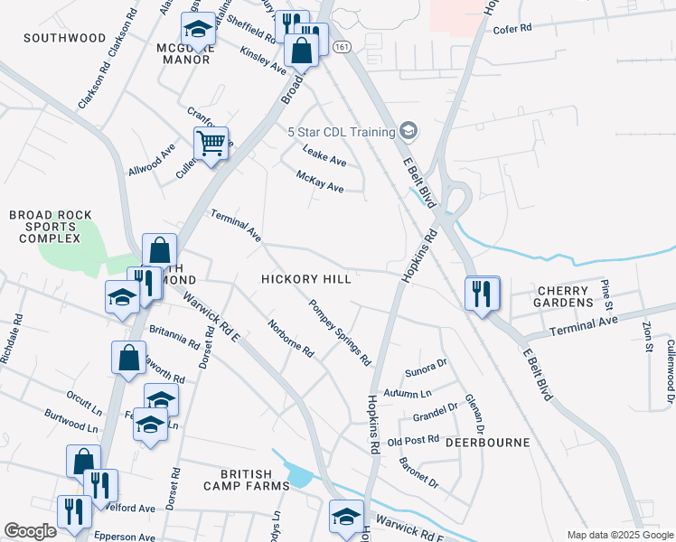 map of restaurants, bars, coffee shops, grocery stores, and more near 4033 Terminal Avenue in Richmond