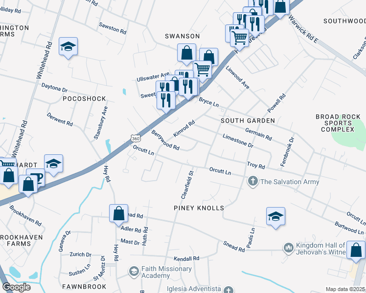 map of restaurants, bars, coffee shops, grocery stores, and more near 5726 Berrywood Road in Richmond