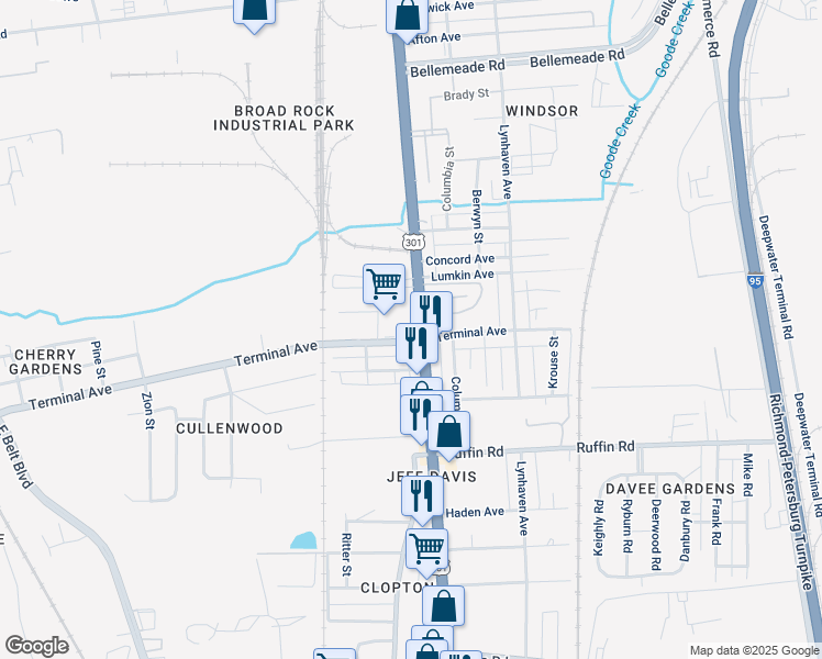 map of restaurants, bars, coffee shops, grocery stores, and more near 2920 Jefferson Davis Highway in Richmond