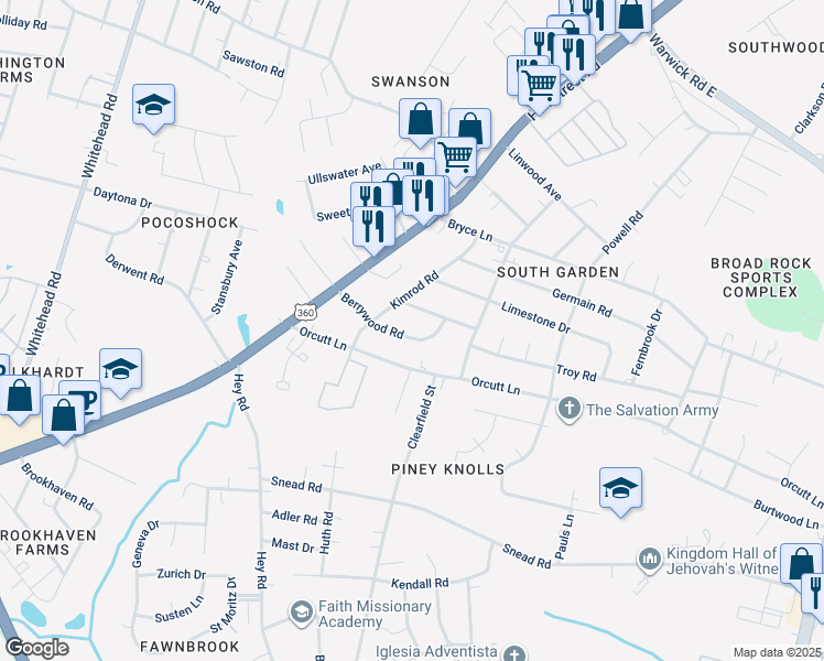 map of restaurants, bars, coffee shops, grocery stores, and more near 5726 Berrywood Road in Richmond