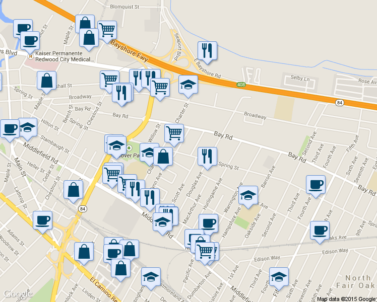 map of restaurants, bars, coffee shops, grocery stores, and more near 2487 Spring Street in Redwood City