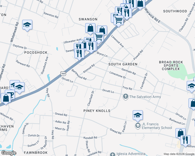map of restaurants, bars, coffee shops, grocery stores, and more near 5613 Heywood Rd in Richmond