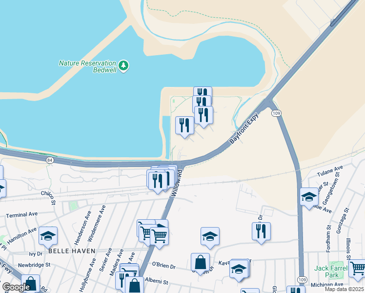 map of restaurants, bars, coffee shops, grocery stores, and more near 1601 Willow Road in Menlo Park