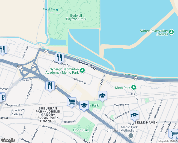 map of restaurants, bars, coffee shops, grocery stores, and more near 205 Constitution Drive in Menlo Park