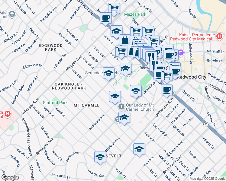 map of restaurants, bars, coffee shops, grocery stores, and more near 242 Elwood Street in Redwood City