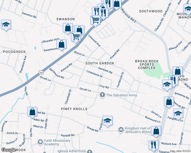 map of restaurants, bars, coffee shops, grocery stores, and more near 5419 Limestone Drive in Richmond