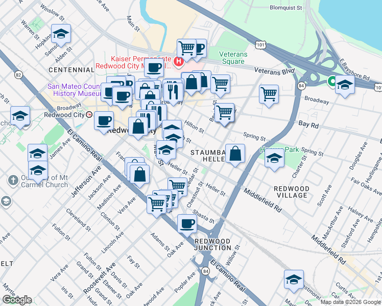 map of restaurants, bars, coffee shops, grocery stores, and more near 527 Beech Street in Redwood City