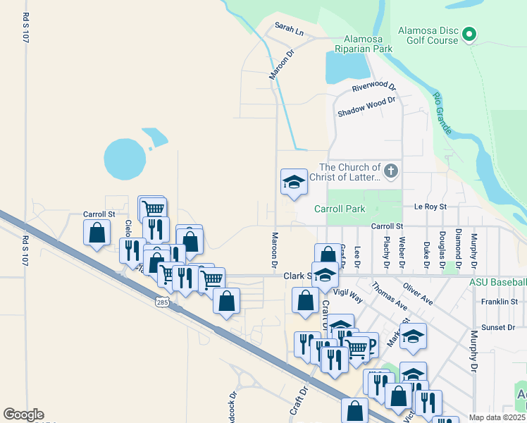 map of restaurants, bars, coffee shops, grocery stores, and more near in Alamosa