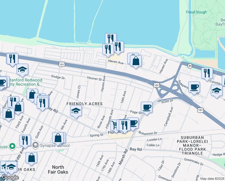 map of restaurants, bars, coffee shops, grocery stores, and more near 9 Friendly Court in Redwood City