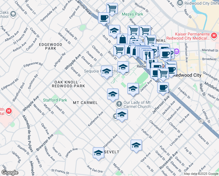 map of restaurants, bars, coffee shops, grocery stores, and more near 232 Elwood Street in Redwood City