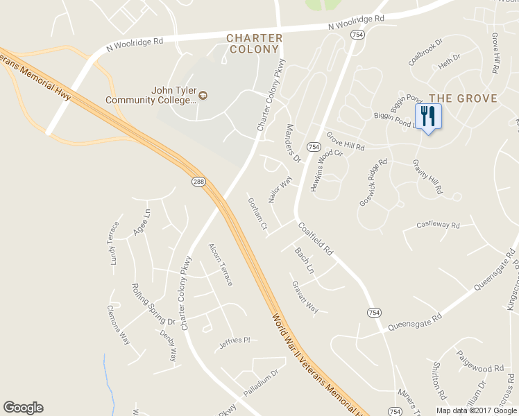 map of restaurants, bars, coffee shops, grocery stores, and more near 941 Gorham Court in Midlothian