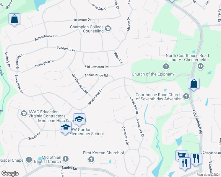 map of restaurants, bars, coffee shops, grocery stores, and more near 11342 Lady Slipper Lane in Richmond