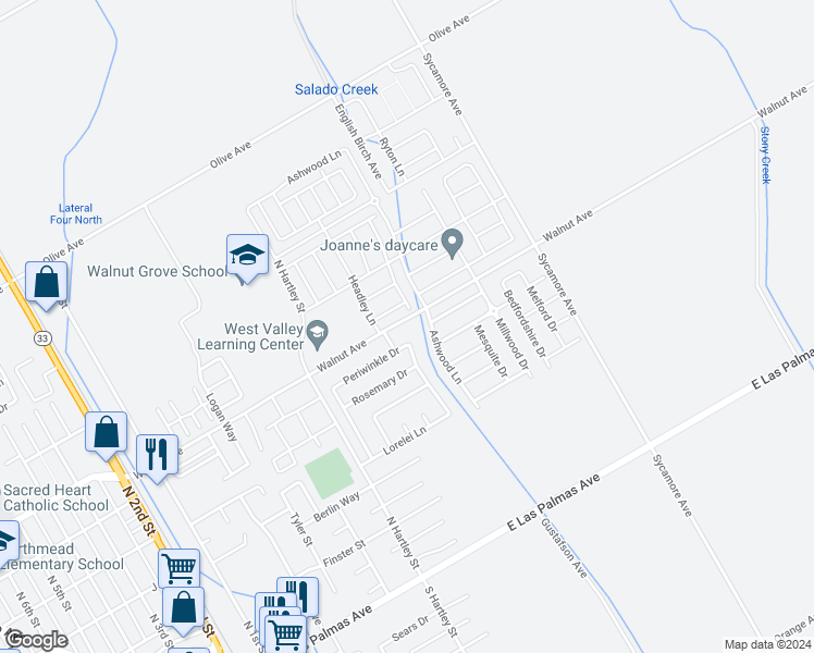 map of restaurants, bars, coffee shops, grocery stores, and more near 712 Walnut Avenue in Patterson