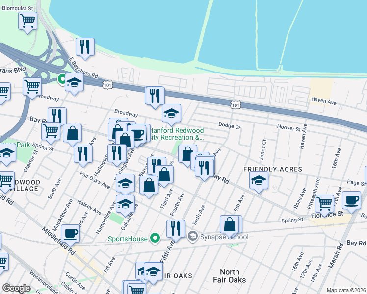 map of restaurants, bars, coffee shops, grocery stores, and more near 976 Second Avenue in Redwood City
