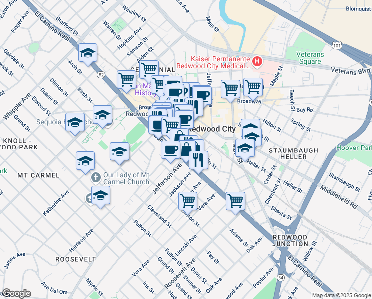 map of restaurants, bars, coffee shops, grocery stores, and more near 1101 El Camino Real in Redwood City