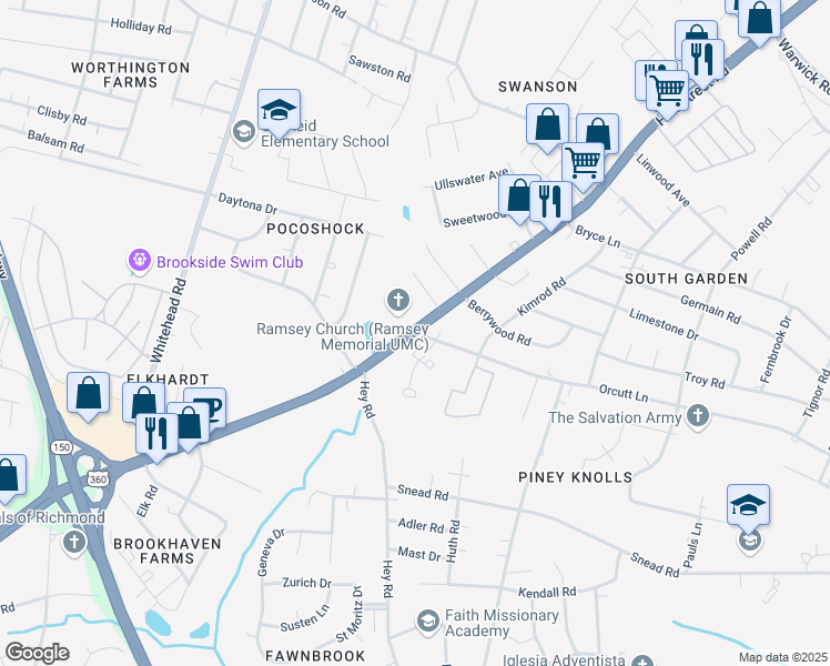 map of restaurants, bars, coffee shops, grocery stores, and more near Hull Street Road in Richmond
