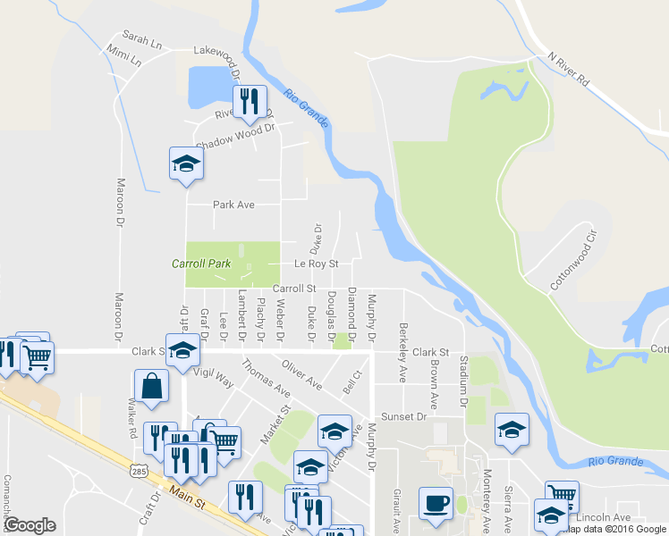 map of restaurants, bars, coffee shops, grocery stores, and more near 806 Douglas Drive in Alamosa